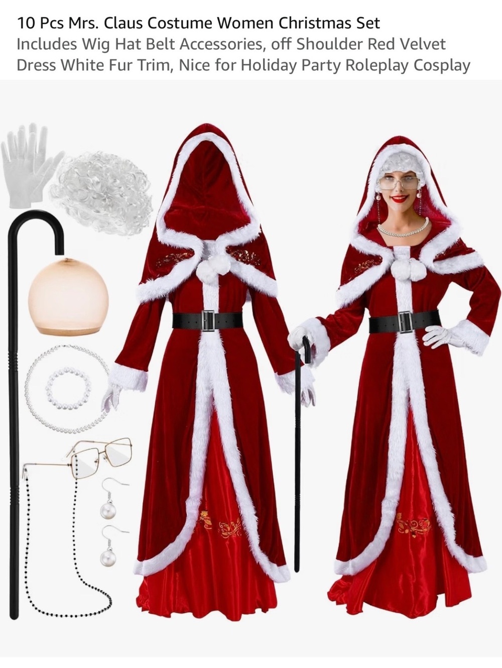 10 Pcs Mrs. Claus Costume Women Christmas Set - Red Velvet Dress Size XL